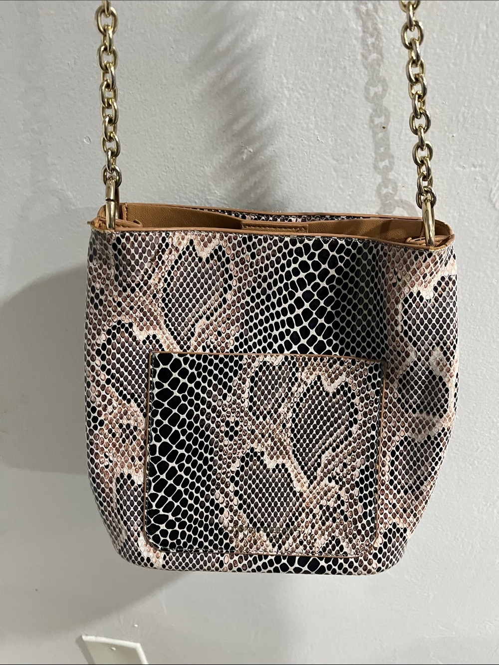 Snake-Print Crossbody Bag in Black and Tan